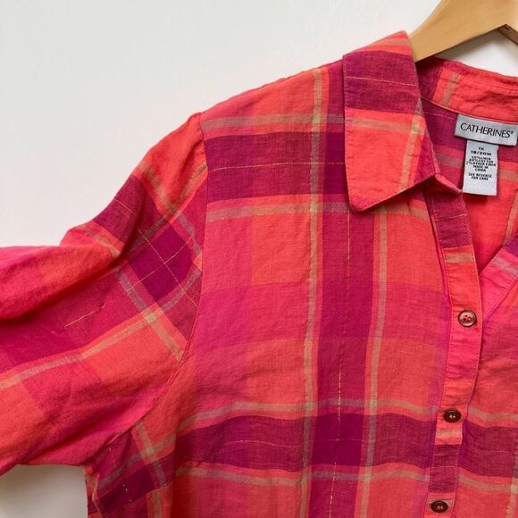 Catherines Linen Blend Plaid Button Up Shirt Top Pink Coral Gold size 1X - Picture 5 of 11